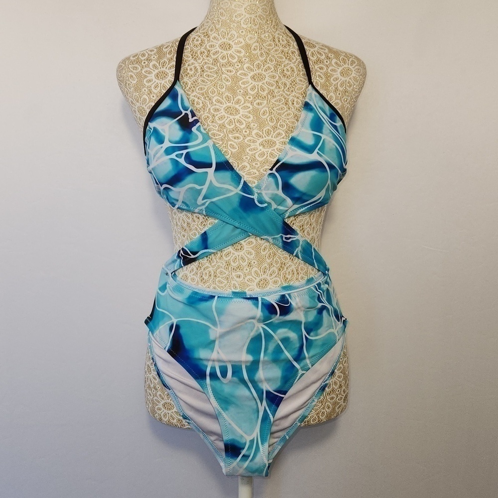 Cupshe Blue White Water Ripple Wrap Print One Piece Metal Clasp Halter Swimsuit